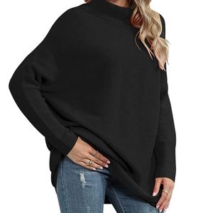 Anrabess Black Knit Oversized Batwing MockNeck Ribbed Slouchy Ottoman Sweater XS